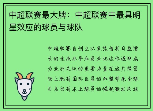 中超联赛最大牌：中超联赛中最具明星效应的球员与球队
